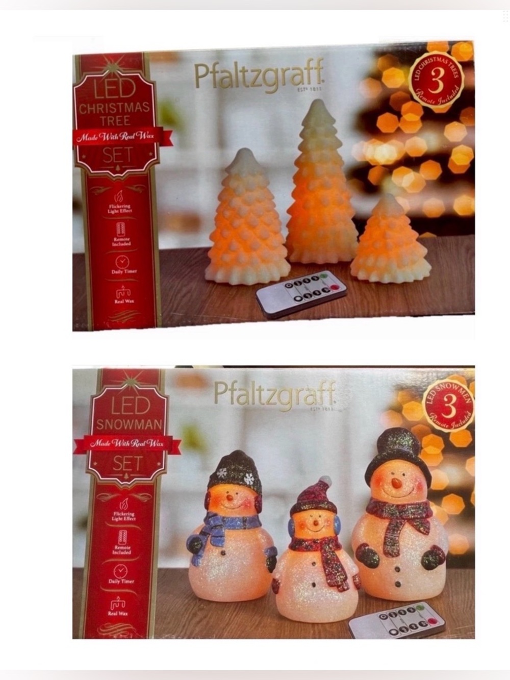 Pfaltzgraff LED Christmas Tree & Snowman Candle Sets Flameless 6pc Remote